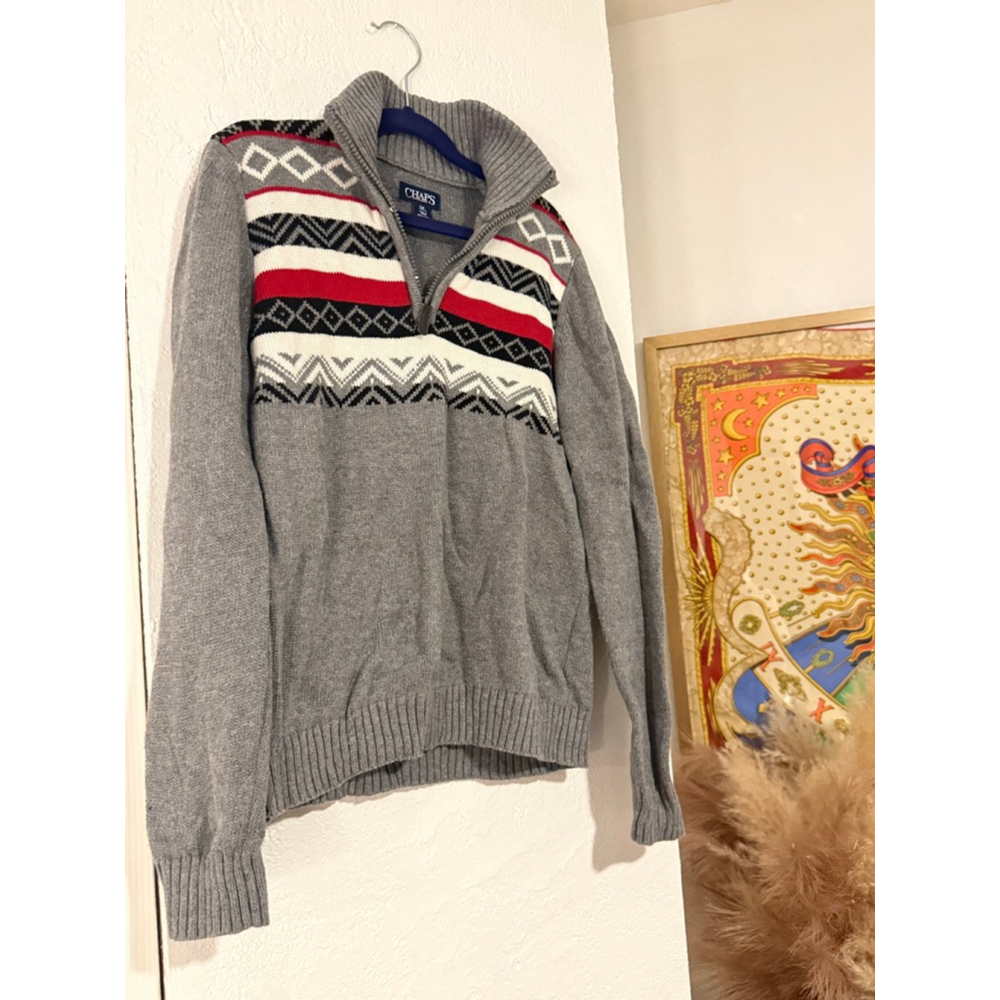 Preowned, Chaps gray fair isle quarter-zip cotton sweater, Boys medium